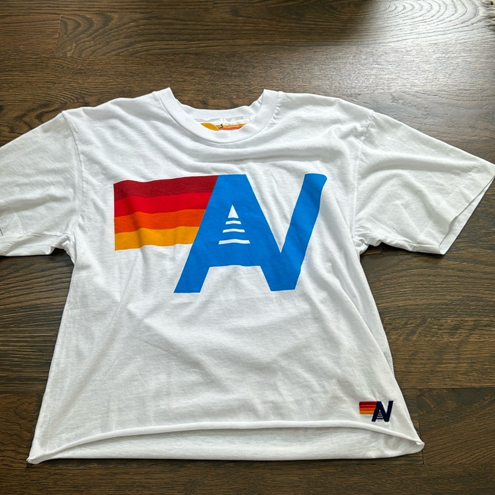 Aviator Nation White Tee with Blue and Red-Orange Logo